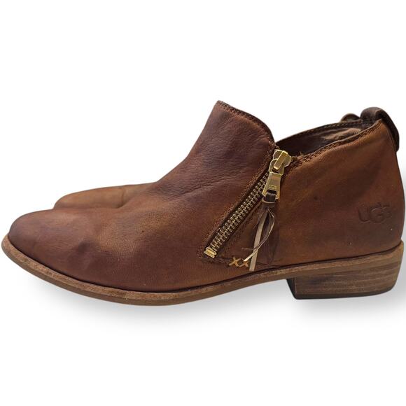 UGG Chestnut Suede Leather Glee Zipper Fringe Tassel Ankle Booties 9.5 - Picture 7 of 13